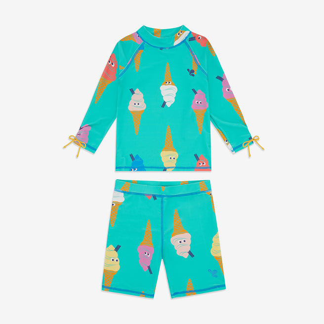 UV Protective Surf Set Green Ice Cream, a fun long sleeve top and shorts swimsuit set with an ice cream pattern.